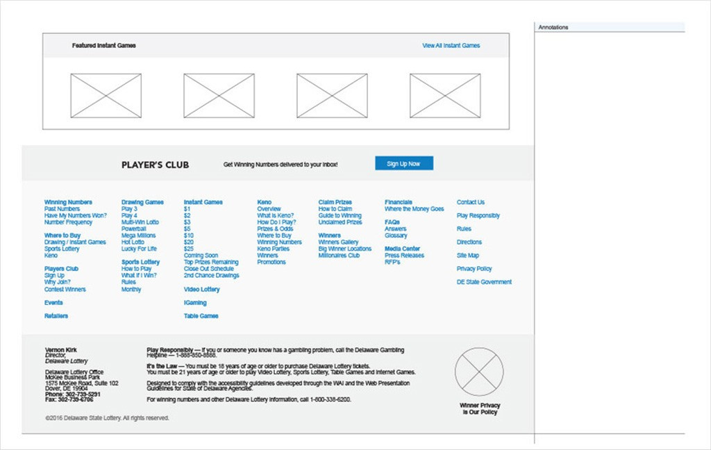 Delaware Lottery website wireframe